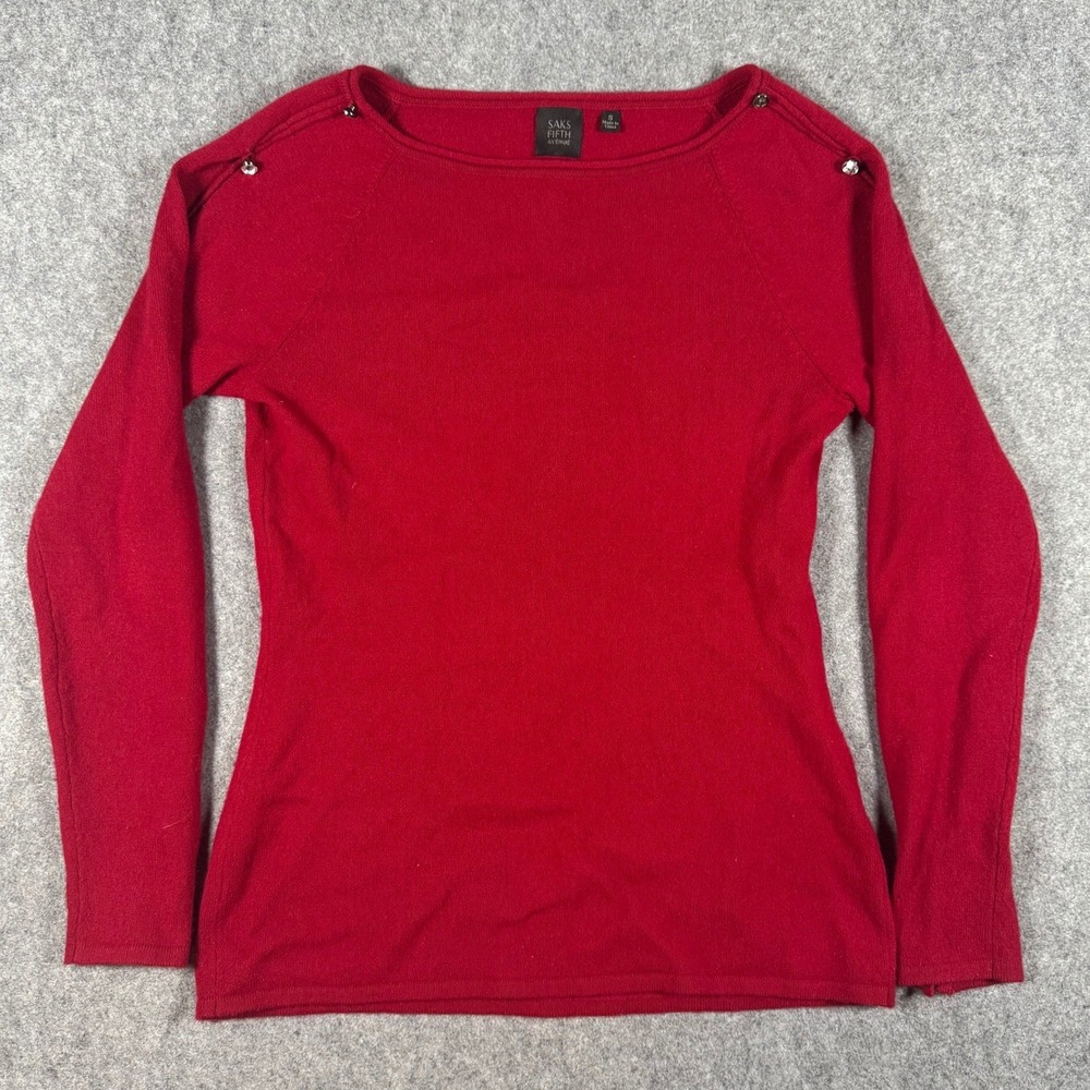 Saks Fifth Avenue Sweater Womens Small Red 100% Cashmere Crystal Split Sleeve